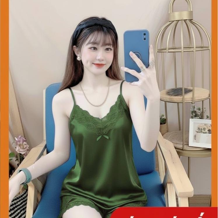   BIGSIZE 55-65KG  Bộ Đồ Ngắn hai dây phối ren chất liệu vải phi lụa  mềm mịn Trơn Lụa Mùa hè Nữ Women Áo Quần Ngủ Voi 