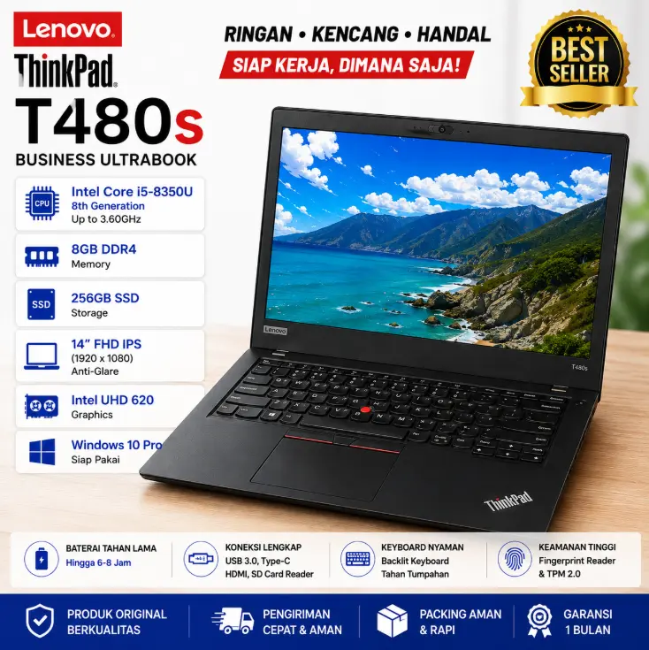 [Pre-owned]Laptop Lenovo ThinkPad T480s Core i5 Gen 8 RAM 8GB SSD 256GB 14 Inch FHD IPS Windows 11 Tipis Ringan