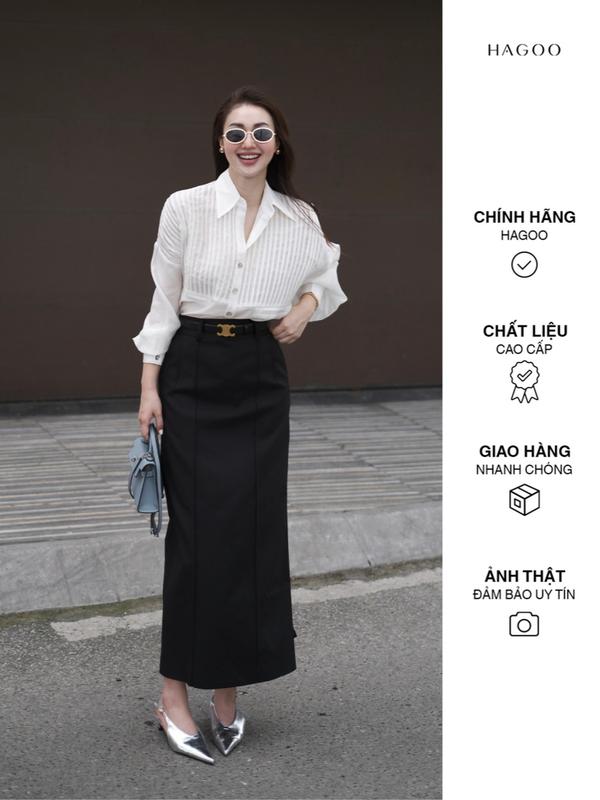 HAGOO Chân váy Kaki dáng dài công sở gân nổi phong cách thanh lịch công sở [cv941] Nữ Women Kem