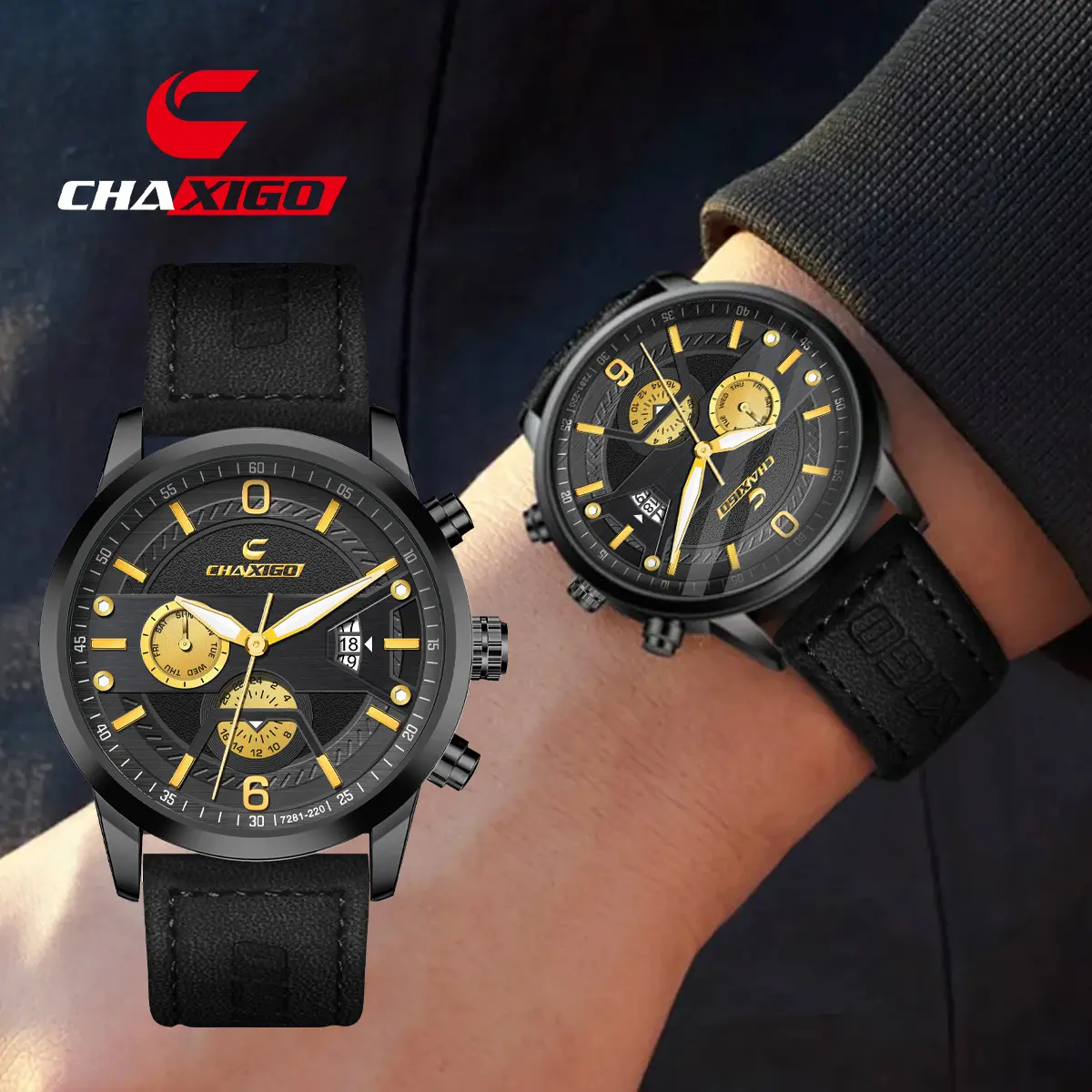 Đồng Hồ Nam, CHAXIGO, Mặt Số Lớn 43mm, Chất Liệu Hợp Kim, Không Thấm Nước, Đồng Hồ Da Dạ Quang, Đồng Hồ Doanh Nhân, 7281-220, Thời Trang