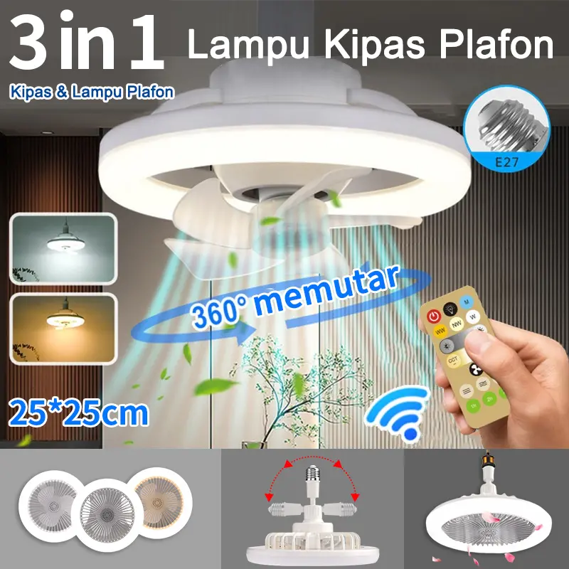 Lampu Kipas Angin Remote 3in1 36W E27 Plafon Fan Ceiling Baling Kamar Putih Tembaga