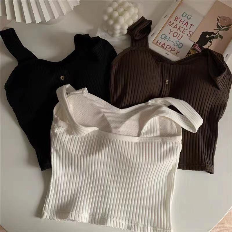 Cute Sleeveless Cropped Tank Top Women's Crop Top Summer 2024 Korean Corset Top Camisole Knit Sexy Slim Vest with Bra Pads Tops Female Y2k 3