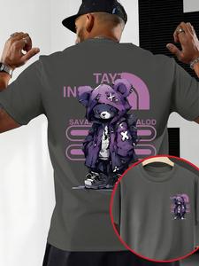 メンズ 夏用カジュアル トレンド クールなクマ柄Tシャツ、ラウンドネック半袖、快適なフィット感、フロント＆バックプリント、アウトドアアクティビティ