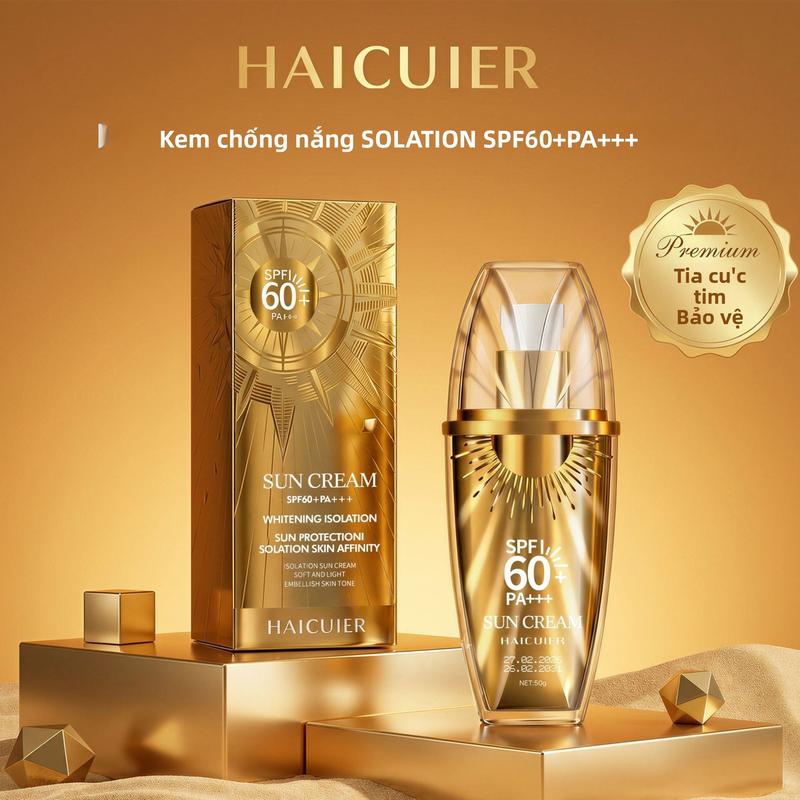 Kem chống nắng HAICUIER, chỉ số SPF60+ và PA++++, mang lại cảm giác tươi mát, trong suốt, không gây nhờn, và bảo vệ da hiệu quả.