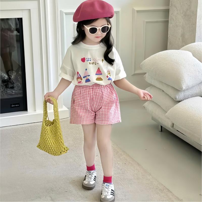 Set Đồ Bộ Bé Gái Áo Thun Cotton Cộc Tay+Quần Short Phối Kẻ Hồng Quần Áo Trẻ Em Bé Gái Mùa Hè