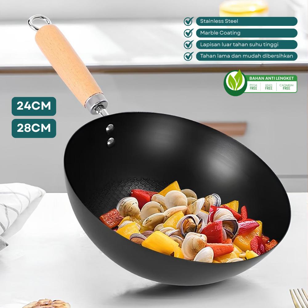 Aladin Wajan Penggorengan Anti Lengket + Tutup Kaca 24cm / 28cm | Fry Pan Premium Gagang Kayu Aladin Wajan Penggorengan Anti Lengket + Tutup Kaca 24cm / 28cm | Fry Pan Premium Gagang Kayu