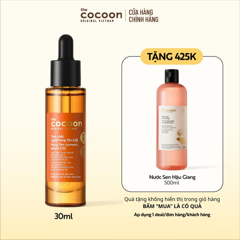 [CHẢNH][COMBO MUA 1 NHẬN 2] Tinh chất nghệ Hưng Yên C22 (serum) với 22% vitamin C sáng da chuyên sâu & mờ vết thâm Cocoon 30ml Tặng Supersize Nước sen Hậu Giang 500ml