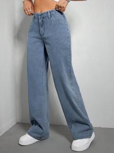 Mezclilla Vaqueros para Mujer Corte Ancho Gris Azul  Cintura Alta Elástica Lavado Claro Algodón Casual Primavera Otoño Unicolor ropa vaquera de mujer Vaqueras mujer outfit