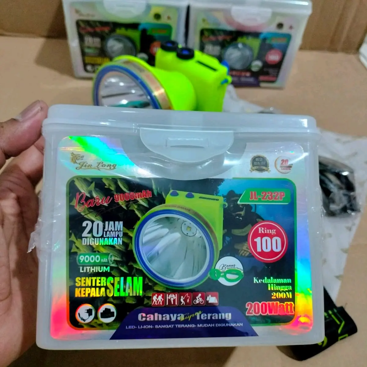 senter kepala selam 200 watt jinlong jl 232 cahaya putih dan cahaya kuning super terang