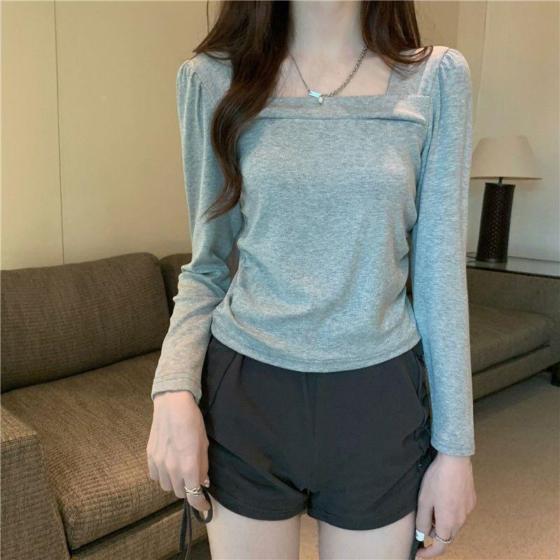Baju Atasan Wanita Kaos Kerah Persegi Fashion Korean Style Wanita Lengan Panjang - BJ1690 2