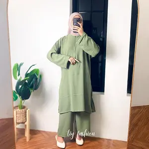 Humaira Long Tunik Abaya One Set - Setelan Celana Tunik Abaya Crinkle Airflow Wanita Dewasa Muslim Lebaran 2025 Terbaru Kekinian