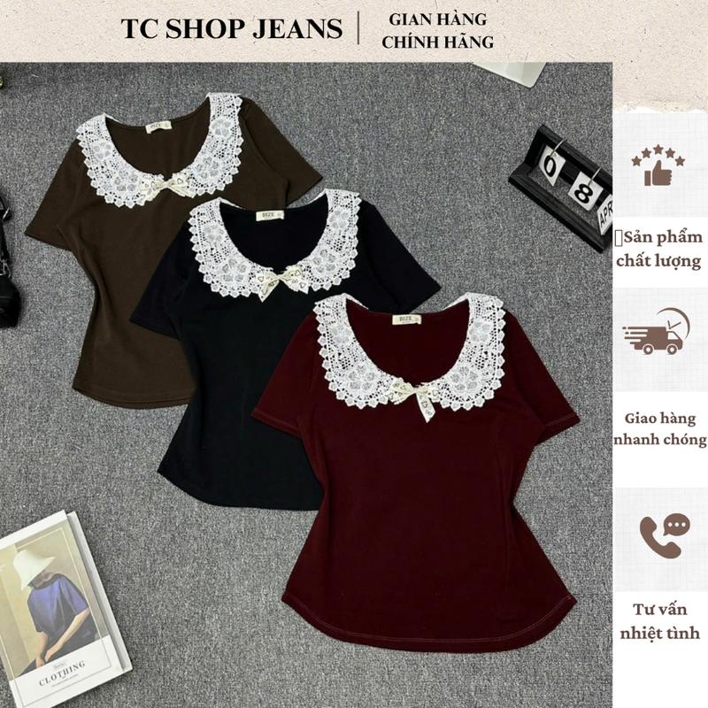 TCSHOPJEANS ÁO THUN BIGSIZE CỔ BÈO PHỐI REN AT 9029