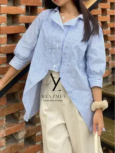 Baju Atasan Wanita Stripe Blouse Korean Style Crop Oversize Lengan Panjang - Top Casual - Cewek