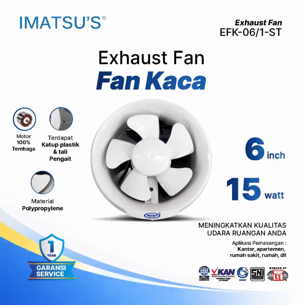 IMATSU'S Exhaust Fan Kaca 6 Inch 220V Kipas Eksos Udara Rumah Ventilasi Kamar Mandi Dapur Tarik Tali Hemat Listrik Motor