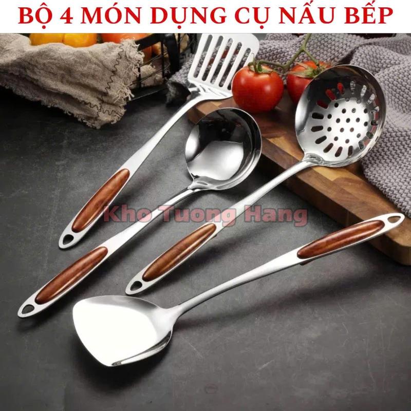 Bộ dụng cụ nhà bếp 4 Món INOX nguyên chất Muôi (Vá) đặc cán gỗ CAO CẤP, Muôi lỗ, xẻng lỗ, xẻng đặc xào chiên rán cỡ ĐẠI