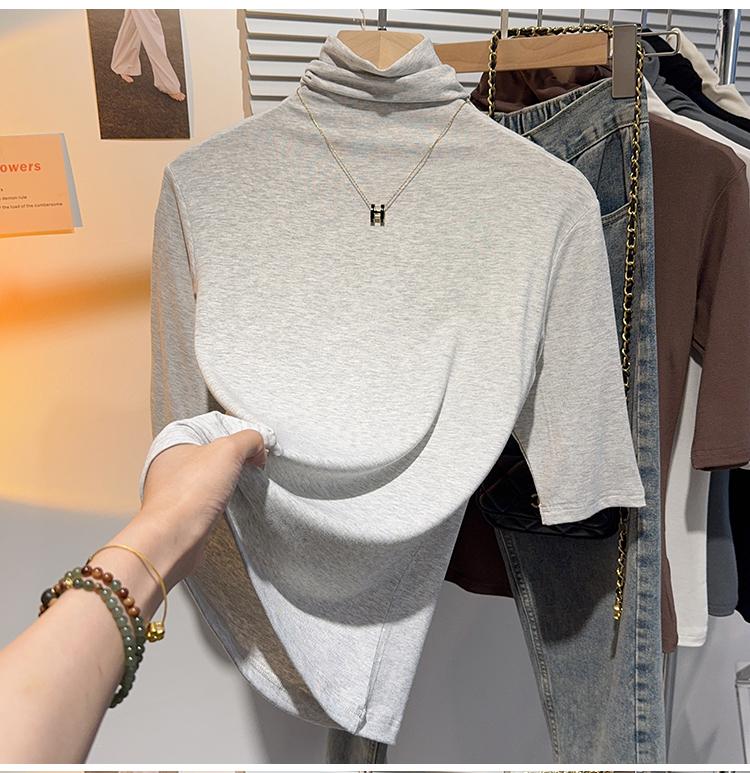 Product Introduction of Shoulder-length black half-high neck mid-sleeve t-shirt women's pre-fall 2024 undershirt with five-quarter sleeve top 12