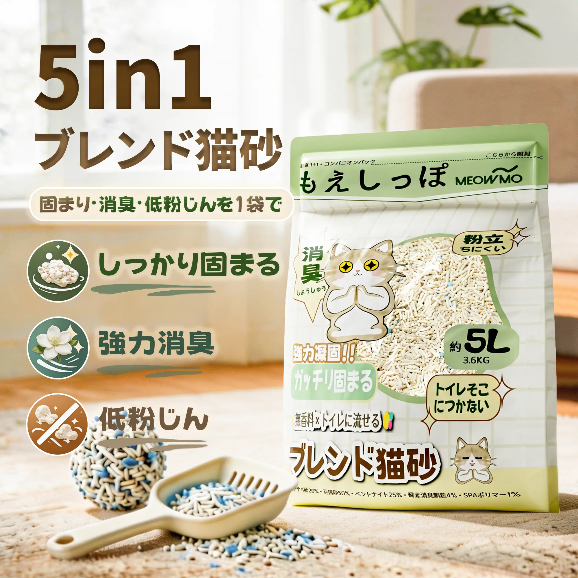 サブスク限定・15％割引【大容量40L！】もえしっぽ5in1ミックス猫砂