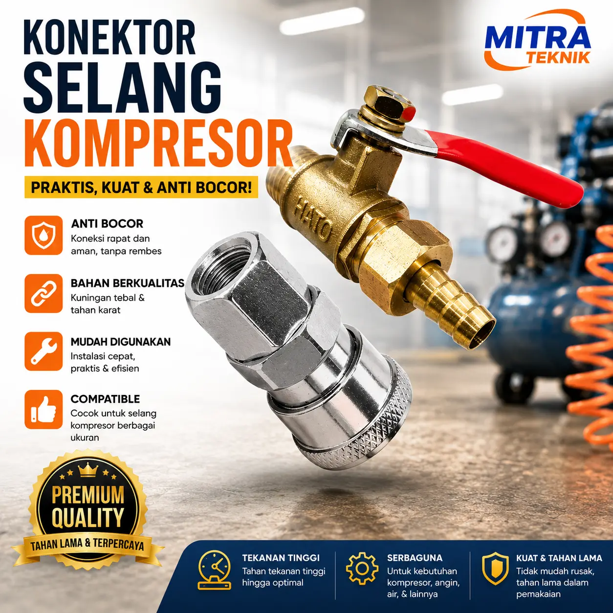 Quick Coupler Sambungan Selang Set Kran 1/4 Inch Air Cock Kran Hato dan Coupler 20 SF 1Set Untuk Kompresor Angin