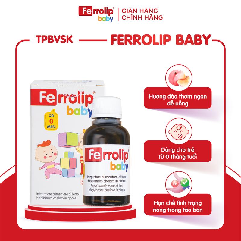  Sắt Ferrolip Baby - Cho Bé Từ 0 Tháng Tuổi Vị Đào Thơm Ngon  Hộp 30ml  
