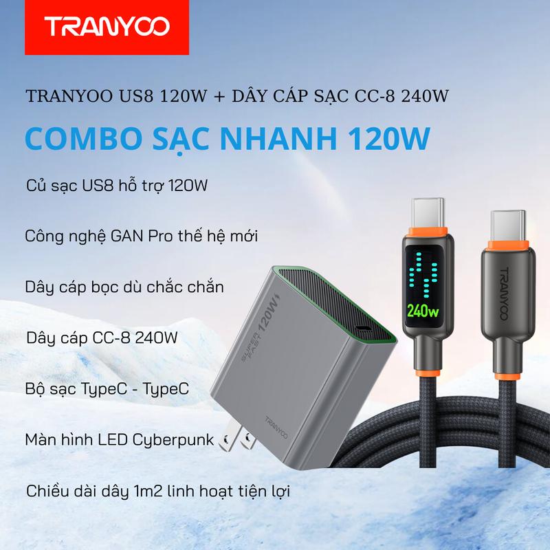 [TRANYOO] Combo Bộ Sạc Nhanh GaN 120W Tranyoo US8 Cổng Type-C Sạc Nhanh W PPS, PD3.1, UFCS - Sạc Cho Điện Thoại Và Laptop Chuẩn PD củ sạc 120w sạc nhanh 120w Phụ Kiện sạc điện thoại, laptop
