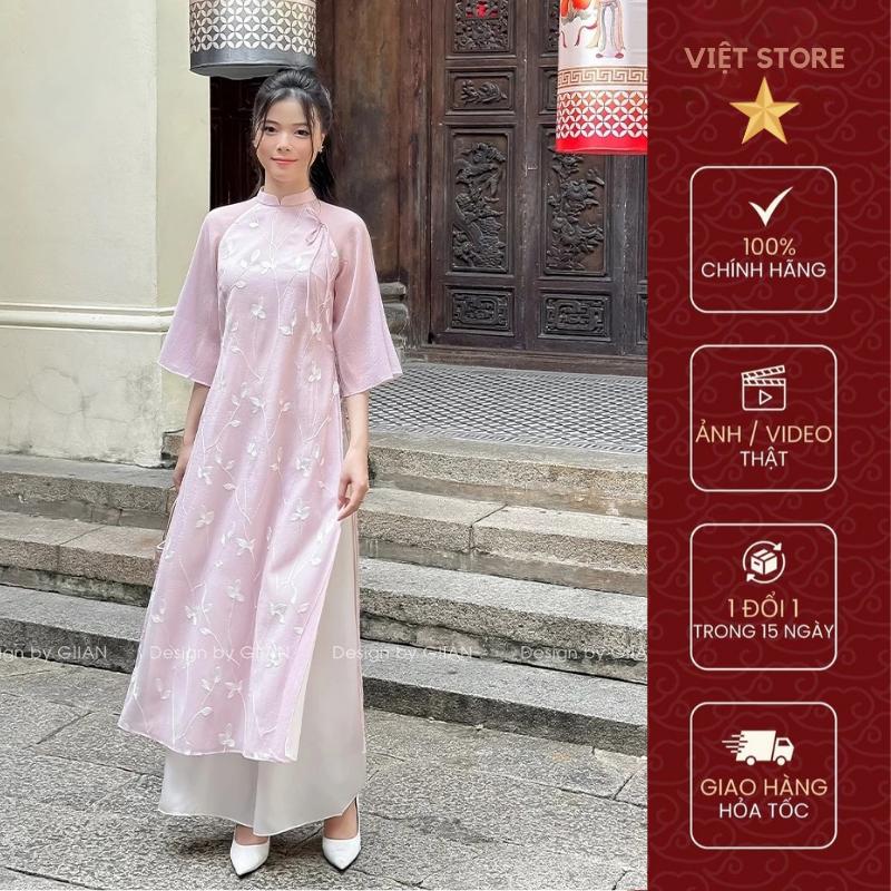 Áo dài cách tân An Vy áo dài 4 tà dáng xuông chất liệu tơ nhăn cao cấp thêu hoa phối lót lụa habutai -Phương Huyền Store