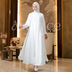 ARALLUCE 044 Gamis Abaya Putih Wanita Simple Classy dan Elegan Motif Renda & Mote Payet Minimalis Elegan