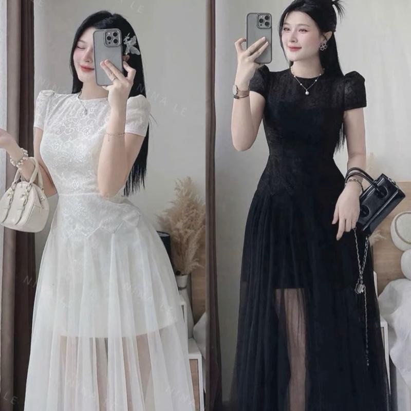   Bèo Béo Bigsize   Váy Thiết Kế Tiểu Thư Ren Hoa Maxi Phối Lưới Xếp Ly Form Bigsize 60-90Kg  Váy Dự Tiệc 