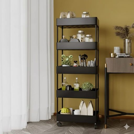 Modern Black 4-Layer Utility Cart - Space-Saving Rolling Organizer for Kitchen/Home A22 Hitam A14 Modern Black 4-Layer Utility Cart - Space-Saving Rolling Organizer for Kitchen/Home A22 Hitam A14