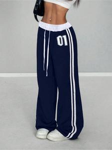 Pantalones jogger azul marino para mujer con franjas laterales, pantalones deportivos holgados y cómodos con estampado '01' para uso casual y deportivo