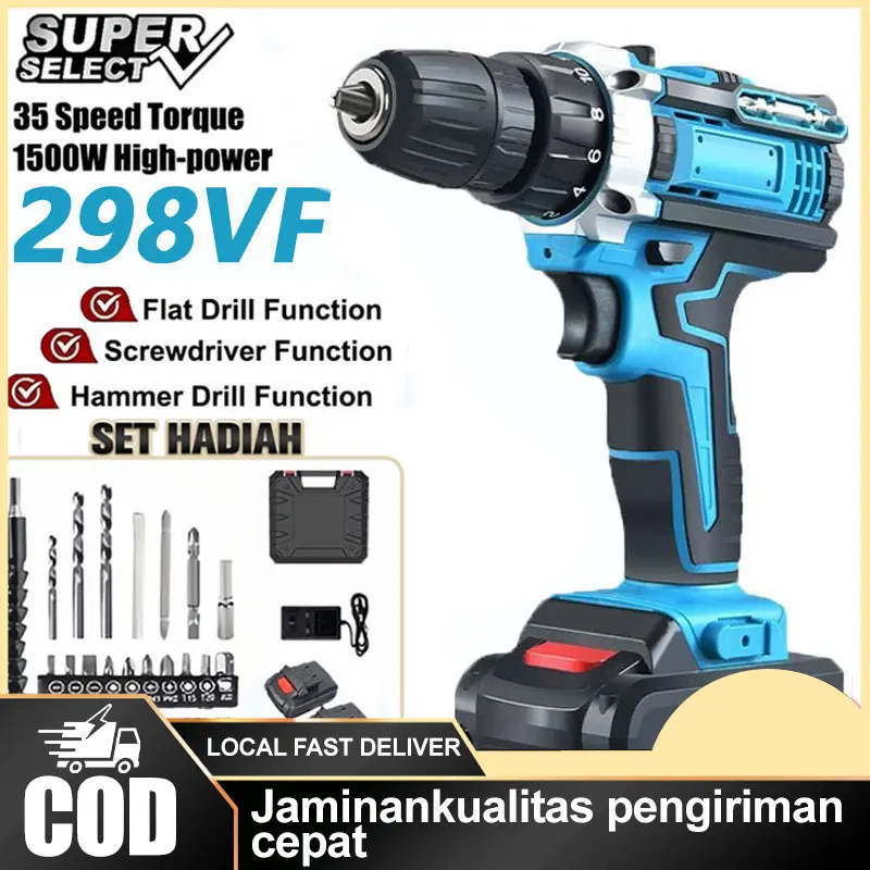298VF Mesin Bor Impact Drill bor listrik Bor baterai Cordless Drill Bor Listrik Set Bor lengkap mesin Rechargeable Torsi Besar besi tembok Beton Kayu Baut Variable Speed LED Light