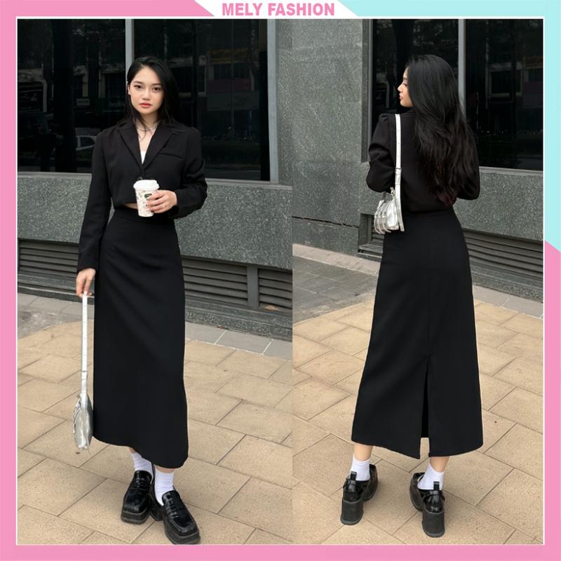 Chân váy dài 80cm midi dáng suông Mely Fashion chữ A cạp cao che giấu bụng tốt tôn dáng có xẻ sau có bigsize CV59-01