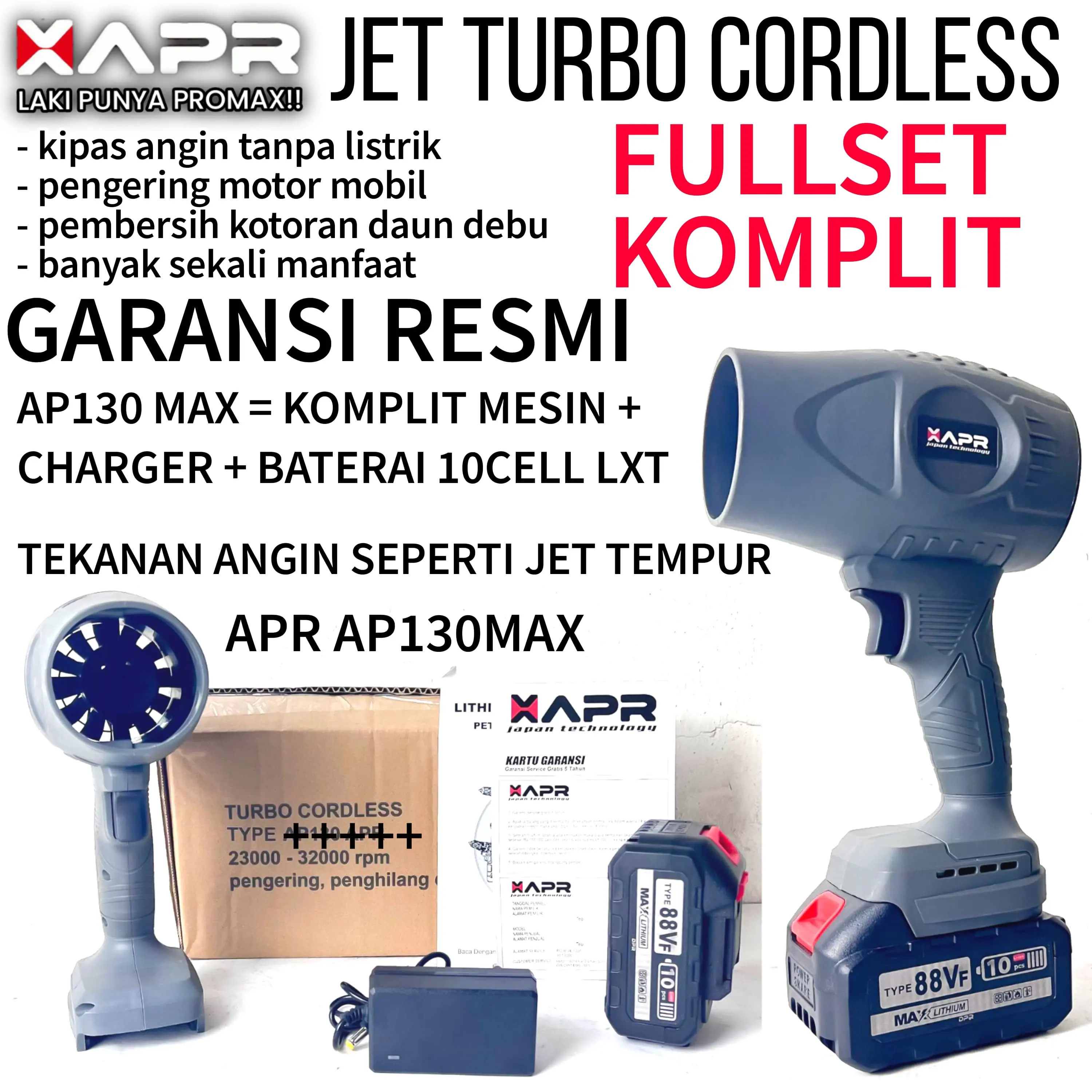 APR JAPAN Turbo Fan Cordless AP130 kipas angin jet pengering motor mobil pembersih daun debu