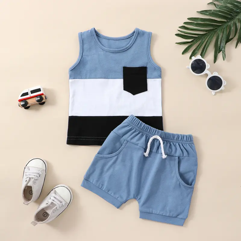 Toddler Kids Boys Summer Outfit Sets 0 6 12 18 24 Months 2T 3T Sleeveless Contrast Color Tank Tops + Solid Color Drawstring Shorts Clothing