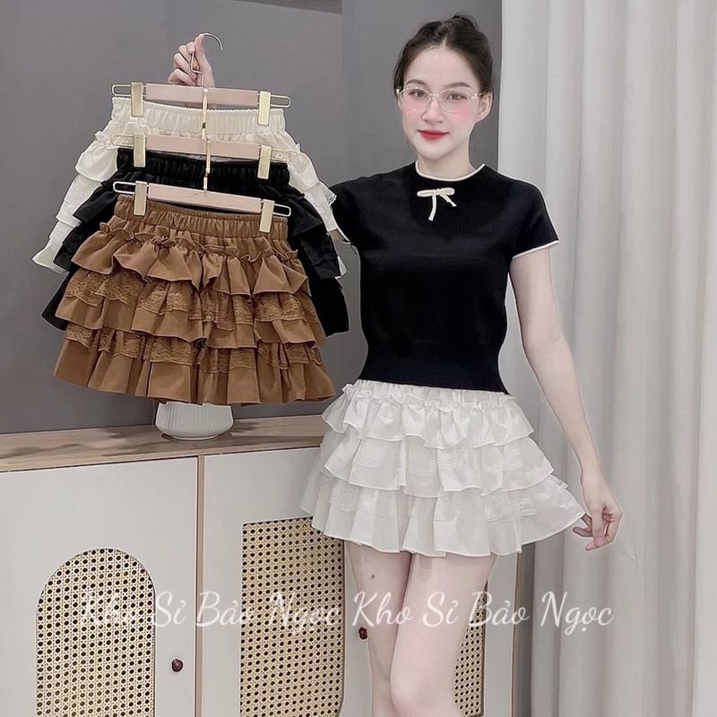   CV410  Chân Váy Ren Bèo 2 Tầng Dáng Ngắn Lưng Chun Kho Sỉ Nguyễn Bảo Ngọc 