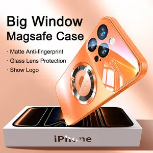 Large Window Magsafe Magnetic Show Logo Matte Anti-fingerprint Phone Case Untuk Apple iPhone 17 16 15 14 Pro Max Plus 13 12 11 Pro Max Wireless Charging Phone Cover Silicone Soft Side Shockproof Phone Casing With Acrylic Glass Lens Films Protection