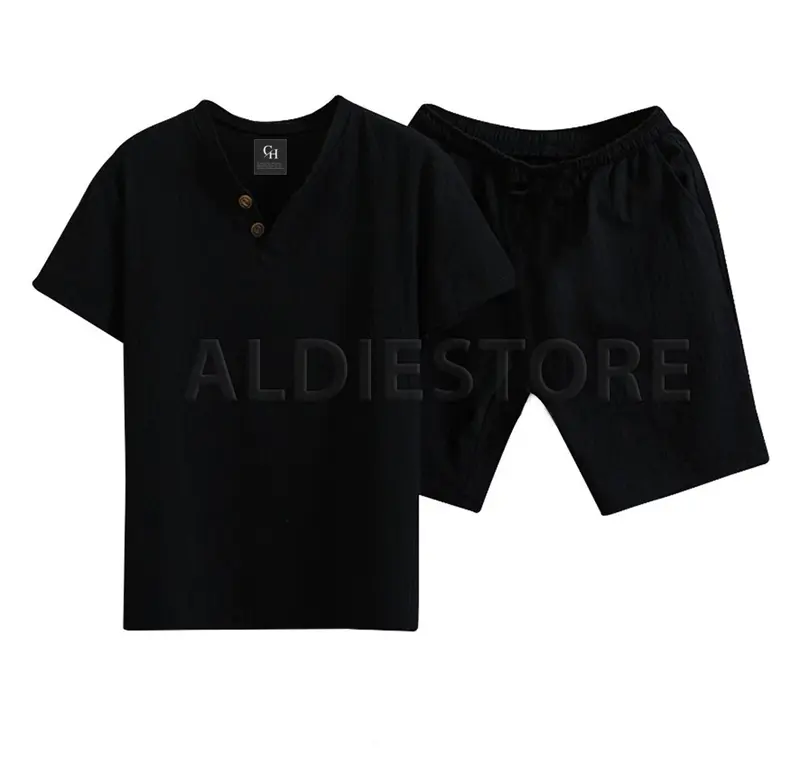 Baju Set Pakaian Pria Celana Pendek Hitam Polos Setelan Amond Kaos dan Celana Distro 0