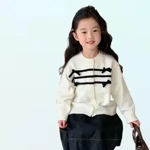 Kardigan rajut anak perempuan, atasan kardigan rajut versi Korea untuk anak-anak, sweter pita manis Fashion