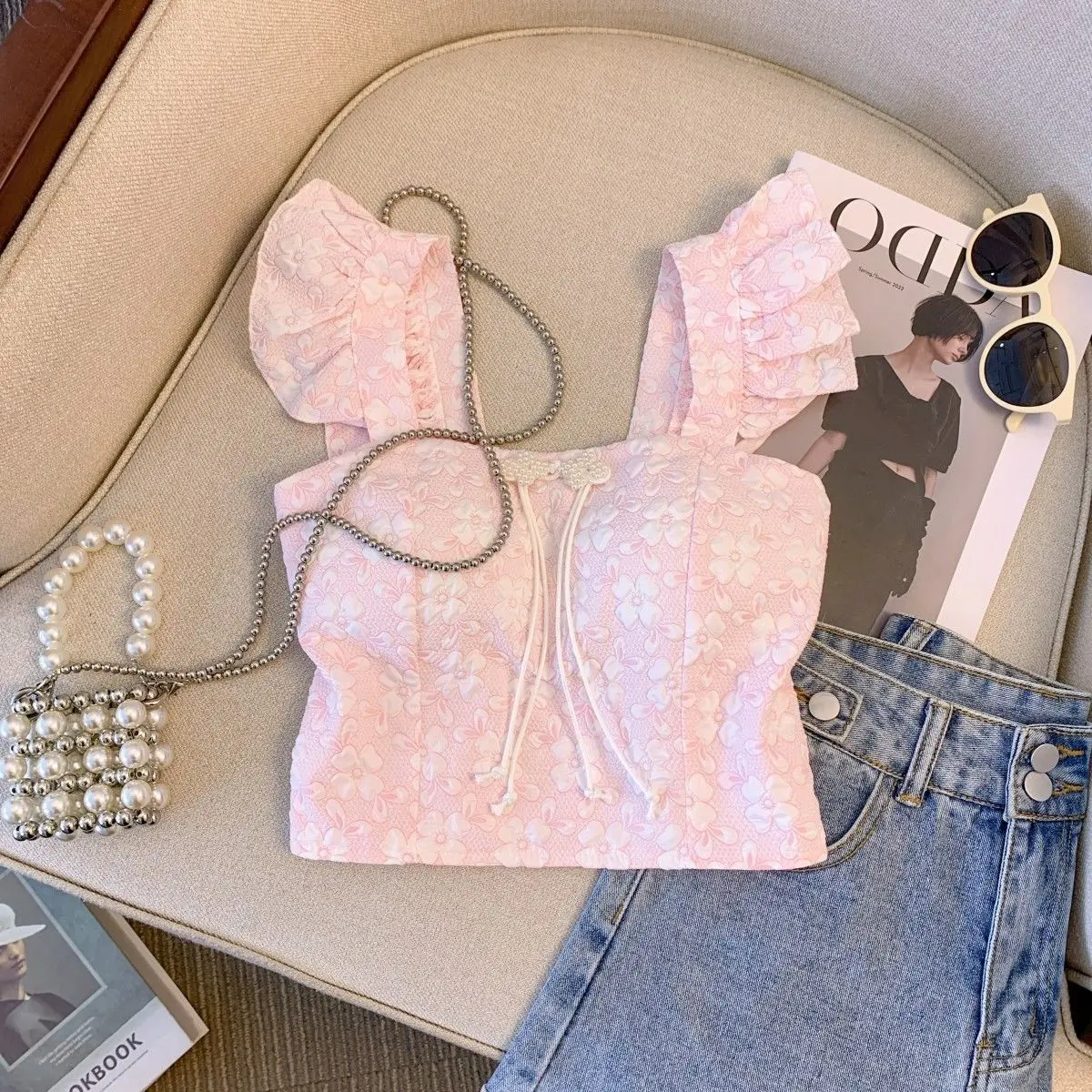 Vest Sweet Hot Girl Top Sweet Ruffled Sling Female Short Inner Wear Tube Top Flying Sleeve Floral