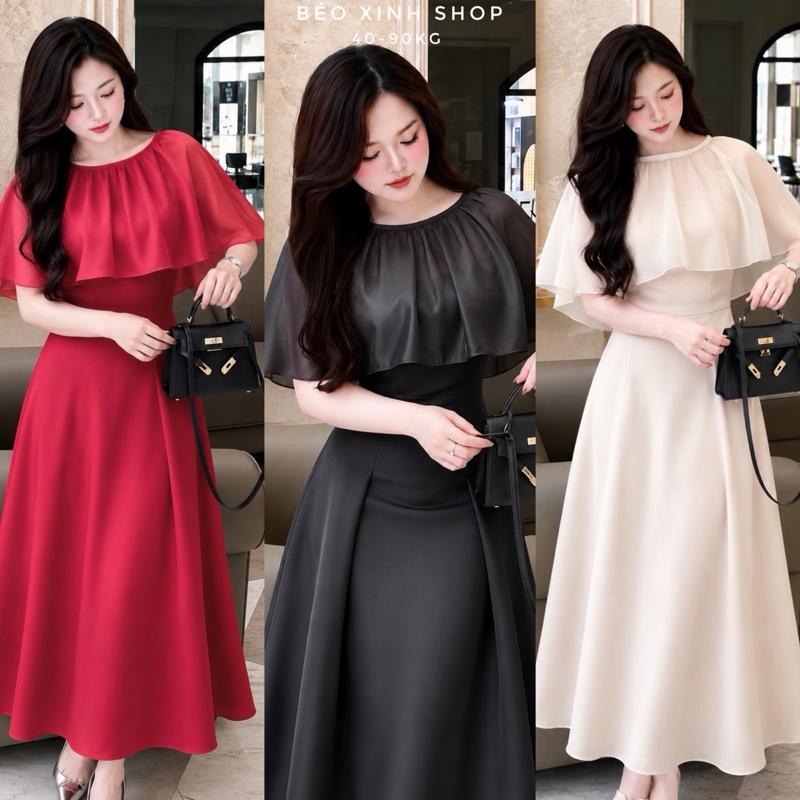 Váy Dự Tiệc Nữ 2 Dây Kèm Áo Choàng Voan Vải Cotton Lạnh Cao Cấp Thanh Lịch Bigsize Từ 40 - 90Kg Thời Trang Nữ Béo Xinh Shop - A.1563