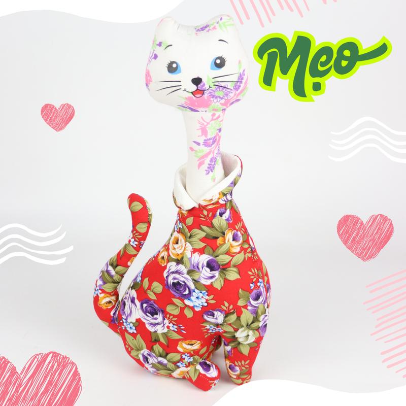 Đồ Chơi Cho Bé Thú Nhồi Bông Hình Con Mèo Cao Cổ Vải Hoa Bông Gòn Cao Cấp THU57 Trúc Lâm Handmade 5