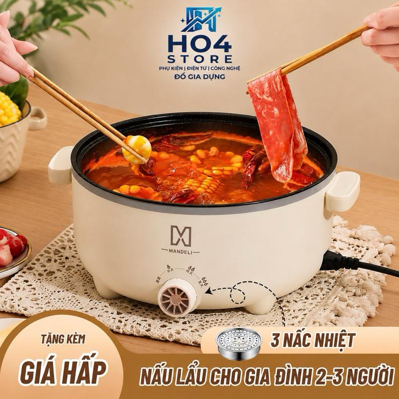 Nồi lẩu điện 28cm cho 3-4 người ăn, Nồi lẩu điện đa năng kèm giá hấp Inox dung tích 4L Nồi Điện nấu
