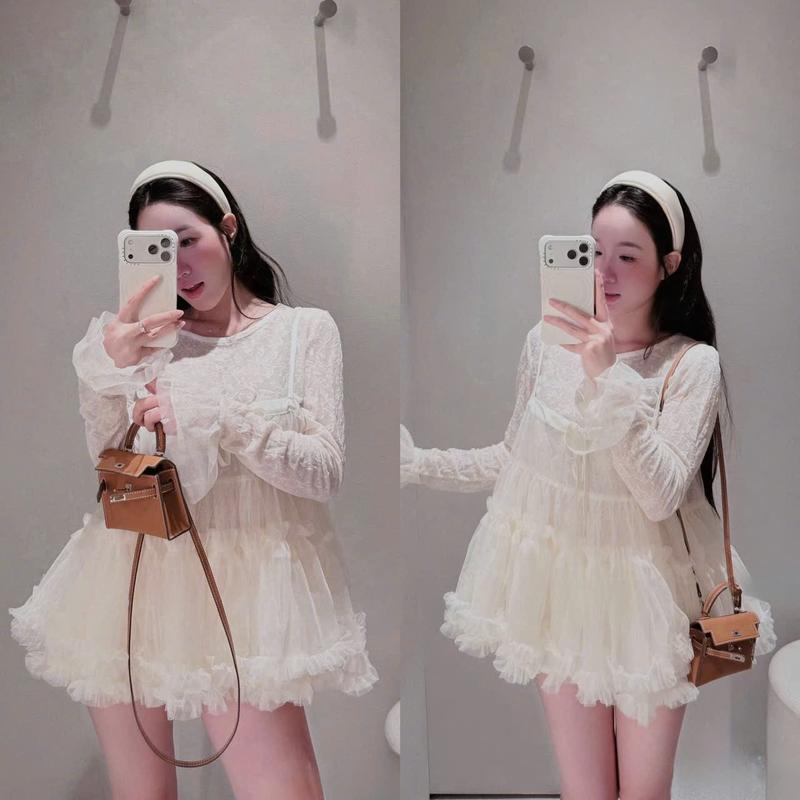 449 - Sét Váy 2 Dây Babydoll Mix Áo Tay Loe Phối Ren Viền Bèo Xinh Xắn - Thinhhanstore