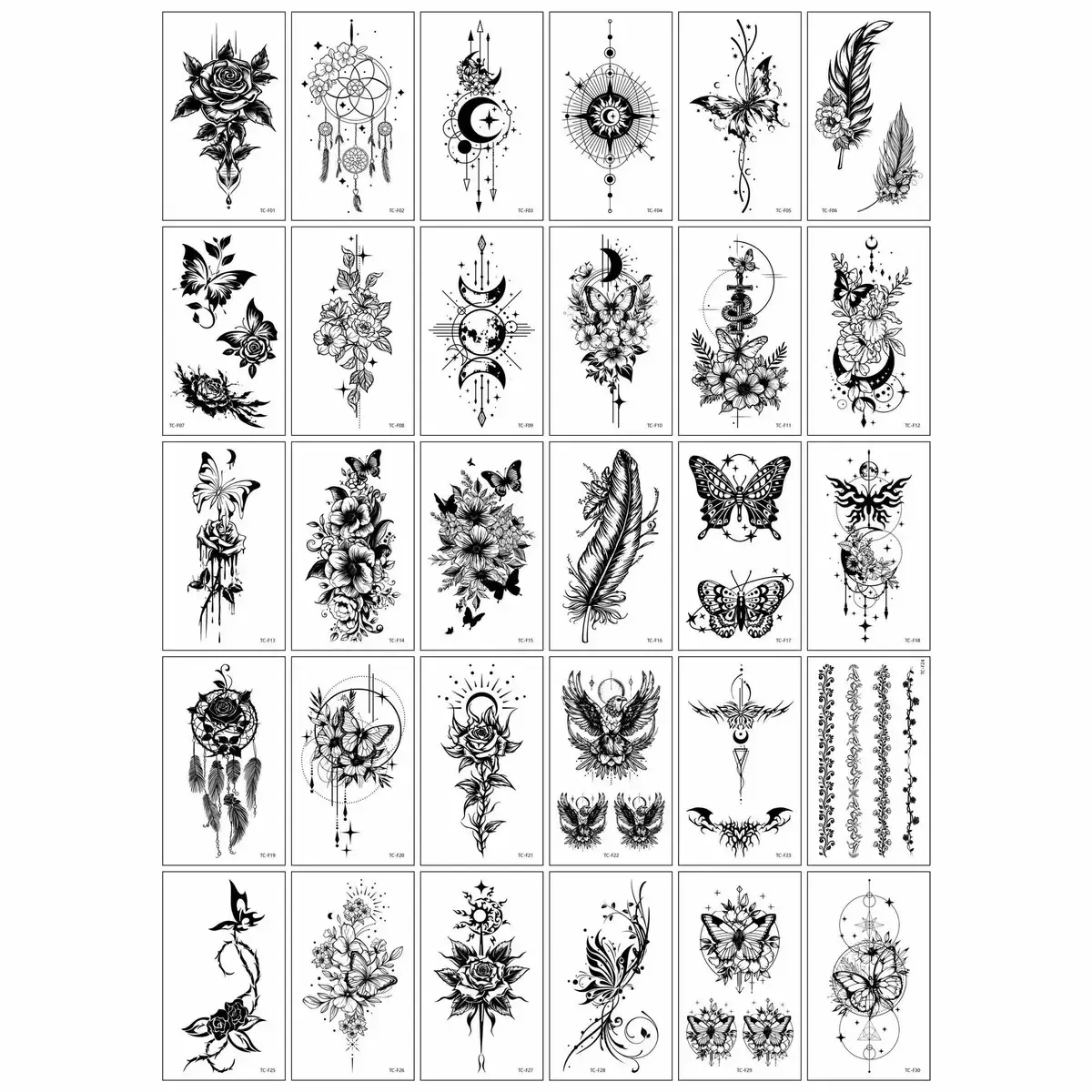 30 PCS Stiker Tato Temporer Grosir 6x10cm Halal Tanpa Bekas flower butterfly bulan kupu kupu bulu burung bunga mawar TCF