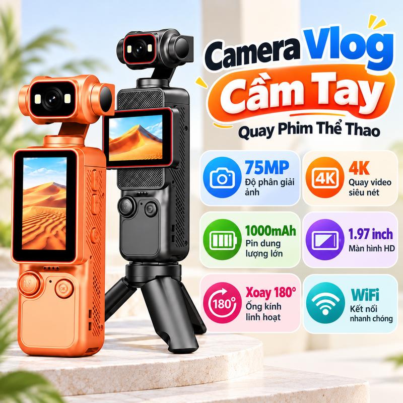 Camera Thể Thao Camera Vlog Camera Hành Trình Xe Máy Camera Hành Trình Xe Điện Camera Mini Cầm Tay Camera Ống Kính Xoay 180 Độ Camera 75MP Camera Quay Video 4K Camera Gimbal Cầm Tay Camera WiFi Xe Máy