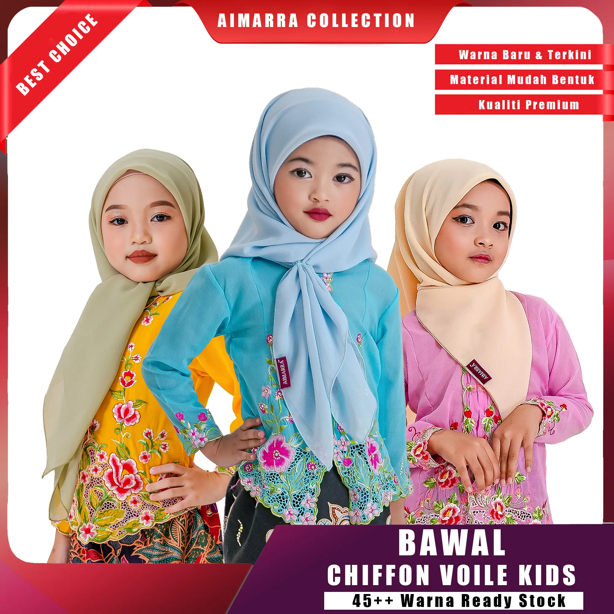 [PLAIN] Bawal Kids Tudung Kids / Budak Plain Bawal Chiffon Voile Premium Clothing Hijab