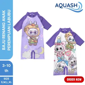 Baju Renang Anak Perempuan Lengan Pendek Labubu Usia 3-10 Tahun Swimsuit