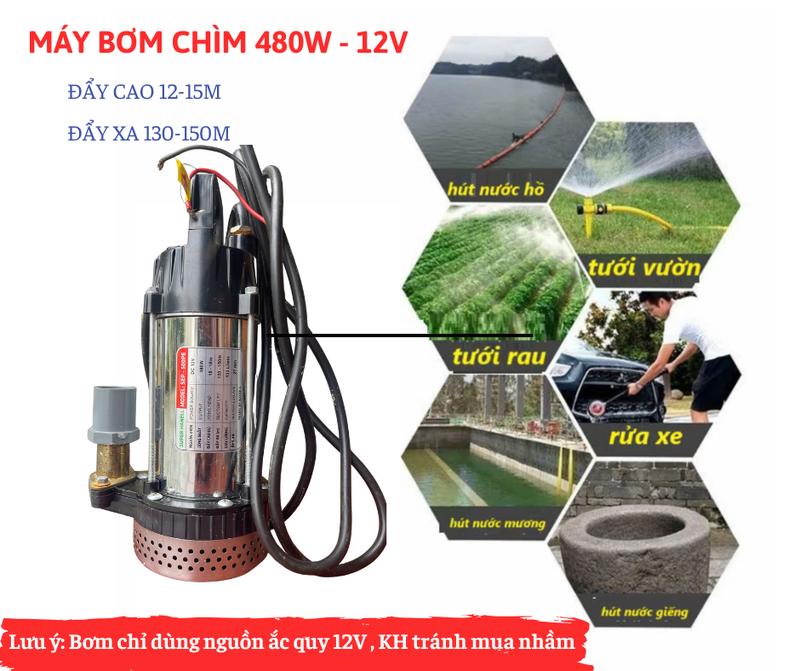 Máy Bơm Nước Chìm 480W Dùng Bình Ắc Quy 12V 24VDC CỰC KHOẺ - Máy Bơm Tõm Dành Cho Rửa Xe & Sân - Bảo Hành 6 Tháng - Đẩy Cao 12-15M & Xa 130-150M