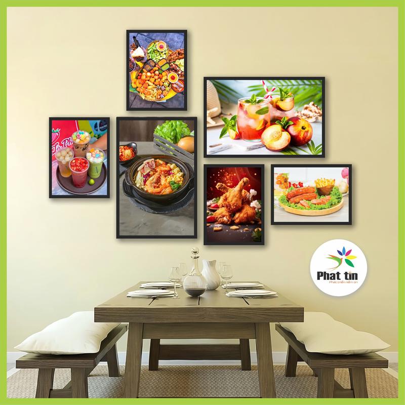 Tranh trang trí quán trà sữa, mì cay, đồ ăn vặt, quán cà phê với set 6 tranh decor dán tường, tranh formex nhẹ bền, không thấm nước, có sẵn keo dán tiện lợi, không cần khoan tường, in tại xưởng tranh Phát Tín