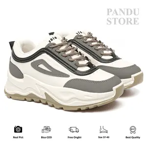 Sepatu Sneakers Wanita Hyemi Kekinian Korean Look Casual Coklat Putih Shoes Cewek Perempuan