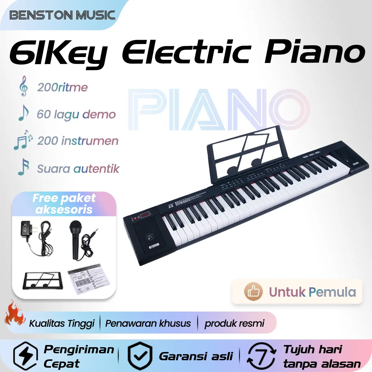 Benston Music- Piano Elektronik Multifungsi, Piano 61-Key, Piano Elektronik Profesional Rumah Pintar